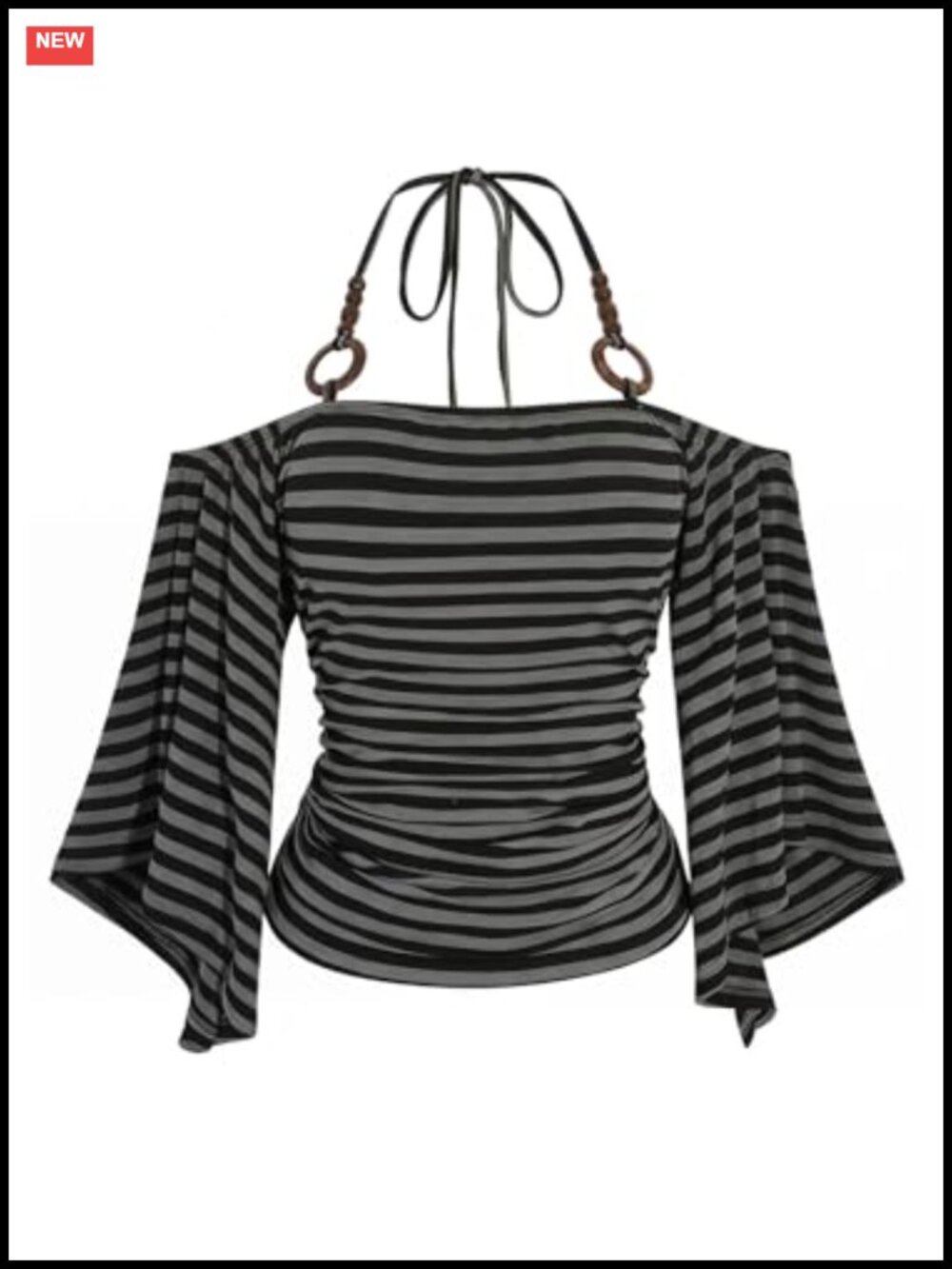 Striped Off Shoulder Tie Backless 3/4 Flare Sleeve Slim Fit Ruched Y2K Top